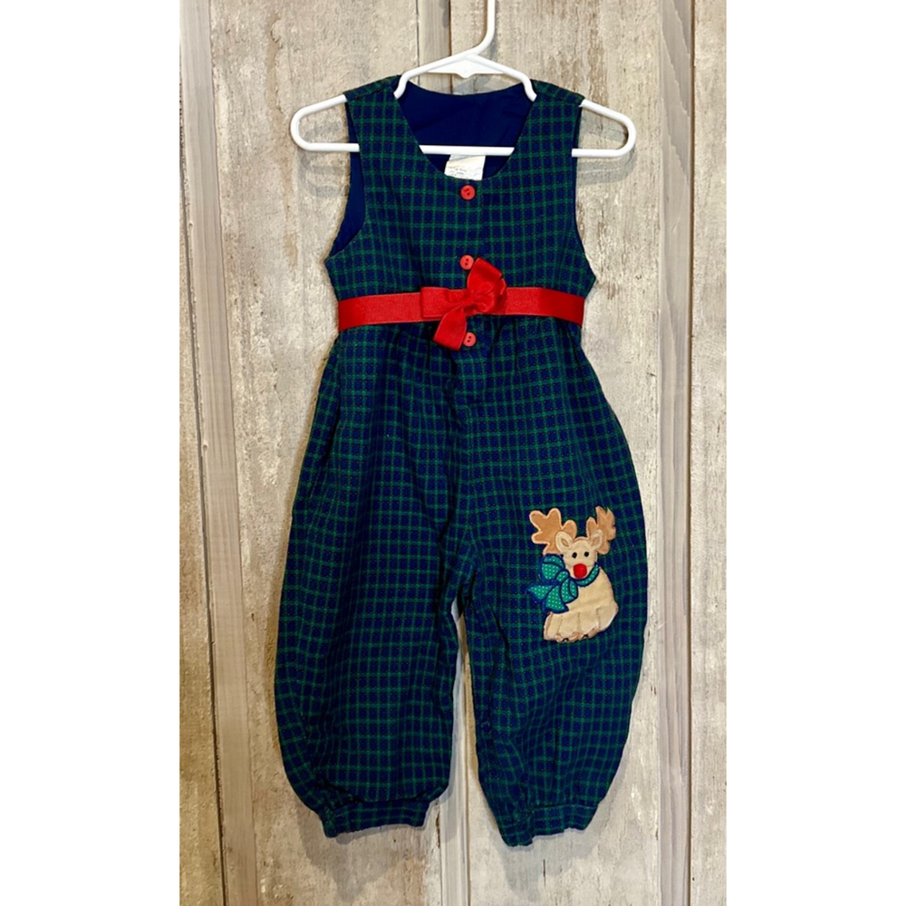 Vintage Blue Green Cotton Tartan Jumper Plaid Reindeer Holiday 24 months